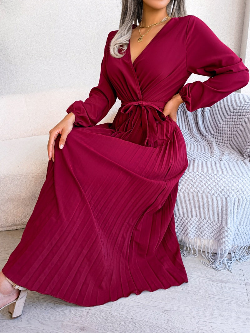 V-neck Ruffle Sleeves Ankle-Length Dresses