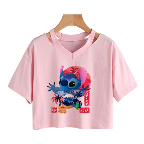 Camiseta de Disney Kawaii Lilo Stitch con divertidos dibujos animados para mujer, camiseta de Manga de punto, camiseta gráfica Y2k, Top corto de calle, camisetas para mujer 