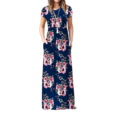 Round Neck Floral Maxi Long Pockets Dress