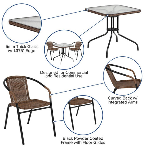 Flash Furniture 28'' Square Glass Metal Table with Dark Brown Rattan Edging and 2 Dark Brown Rattan Stack Chair Garden Furniture