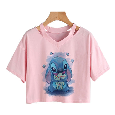 Camiseta de Disney Kawaii Lilo Stitch con divertidos dibujos animados para mujer, camiseta de Manga de punto, camiseta gráfica Y2k, Top corto de calle, camisetas para mujer 