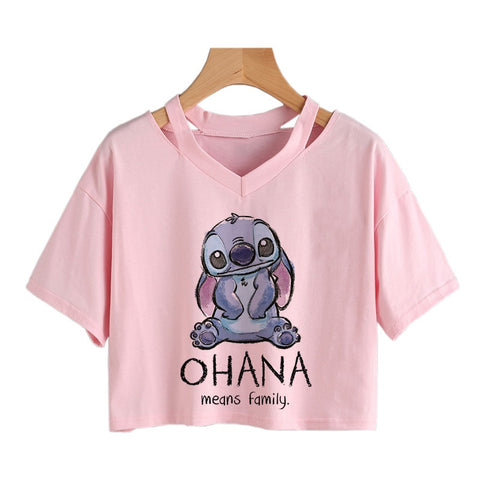 Camiseta de Disney Kawaii Lilo Stitch con divertidos dibujos animados para mujer, camiseta de Manga de punto, camiseta gráfica Y2k, Top corto de calle, camisetas para mujer 