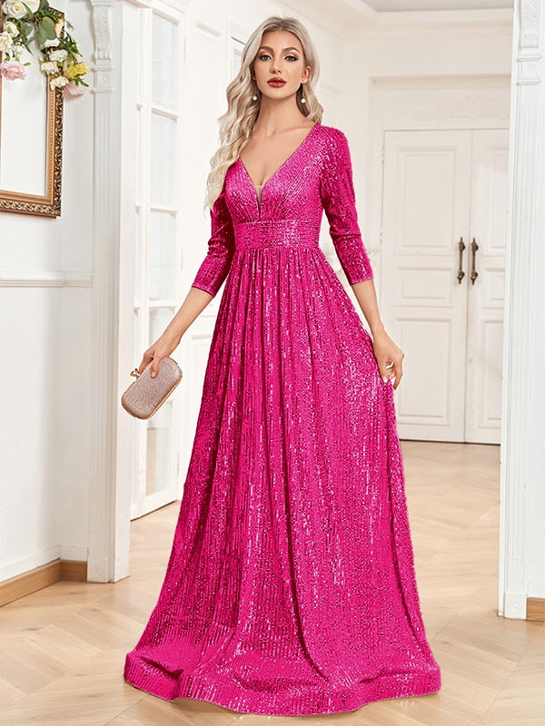 V Neck Long Sleeves Formal Evening Dress