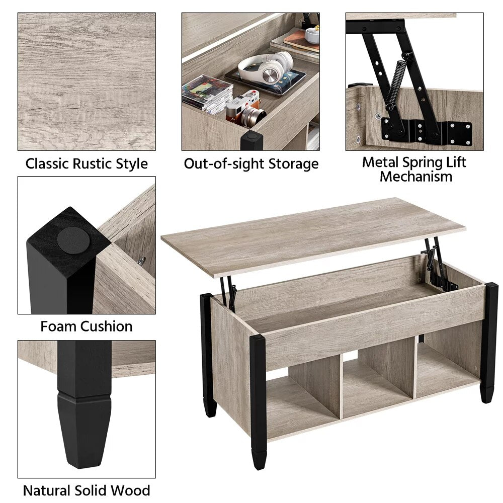 41" Lift Top Coffee Table with 3 Storage Compartments, Rustic Gray, Furniture, Living Room Furniture, Simple and Modern