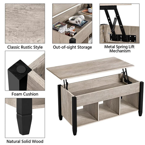 41" Lift Top Coffee Table with 3 Storage Compartments, Rustic Gray, Furniture, Living Room Furniture, Simple and Modern