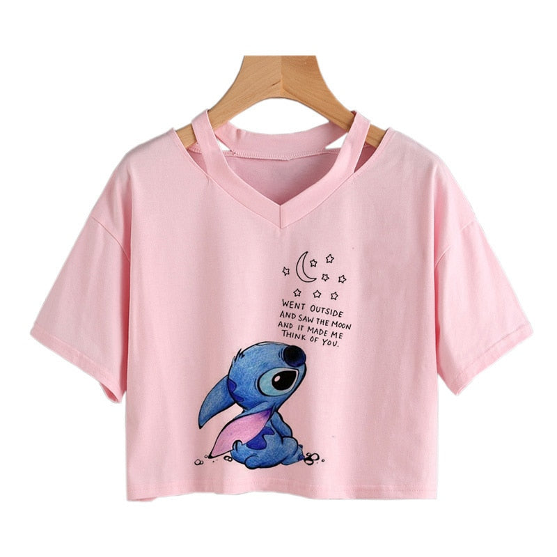 Camiseta de Disney Kawaii Lilo Stitch con divertidos dibujos animados para mujer, camiseta de Manga de punto, camiseta gráfica Y2k, Top corto de calle, camisetas para mujer 