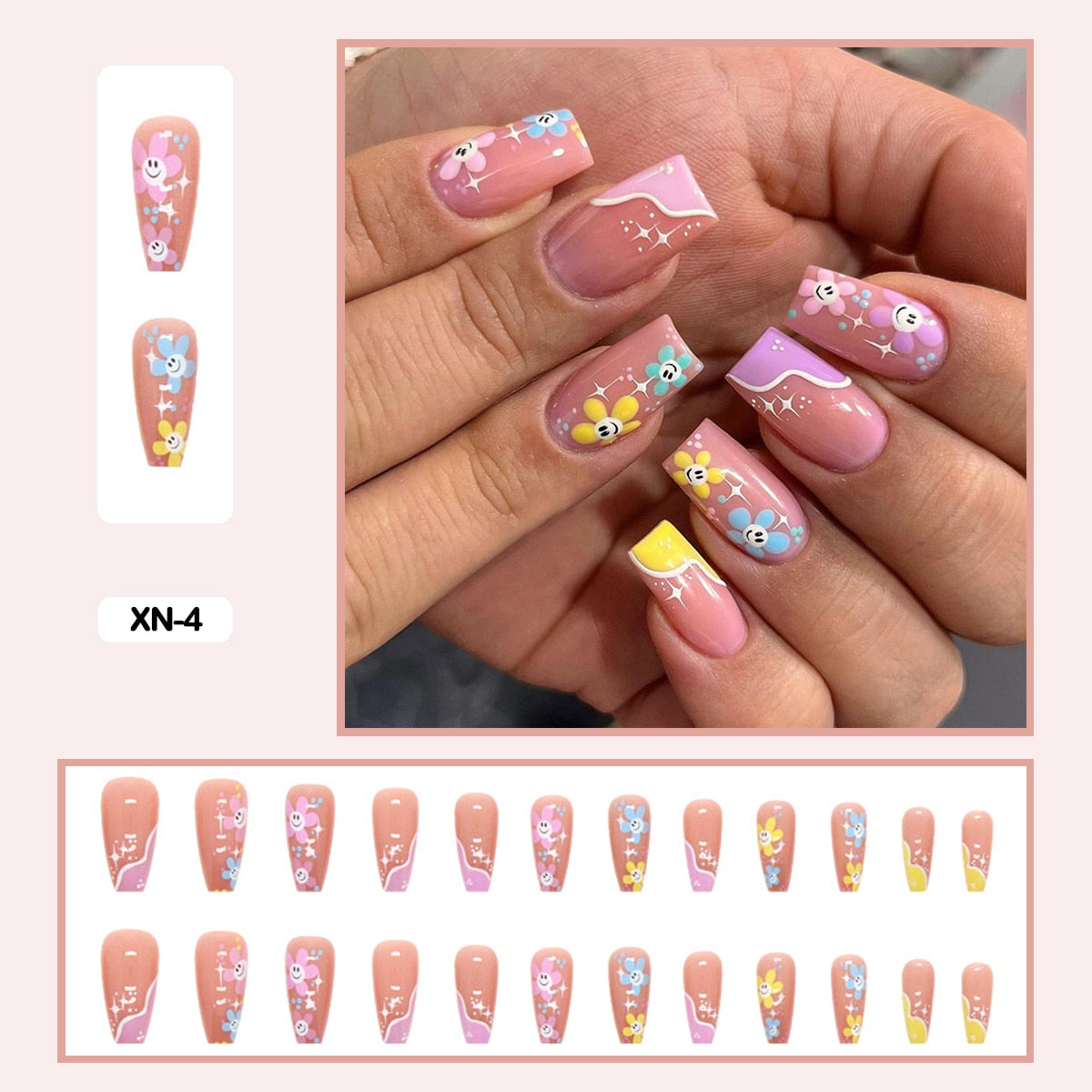 24pcs Fresh Lovely Pink Purple Blue Summer Flower Water Drop Shaped Fake Nails With Glue Wearable False Nails With Wearing Tools