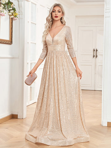 V Neck Long Sleeves Formal Evening Dress