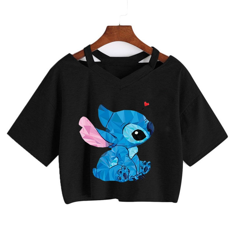 Camiseta de Disney Kawaii Lilo Stitch con divertidos dibujos animados para mujer, camiseta de Manga de punto, camiseta gráfica Y2k, Top corto de calle, camisetas para mujer 