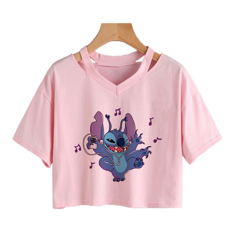 Camiseta de Disney Kawaii Lilo Stitch con divertidos dibujos animados para mujer, camiseta de Manga de punto, camiseta gráfica Y2k, Top corto de calle, camisetas para mujer 