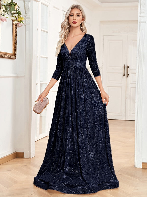 V Neck Long Sleeves Formal Evening Dress