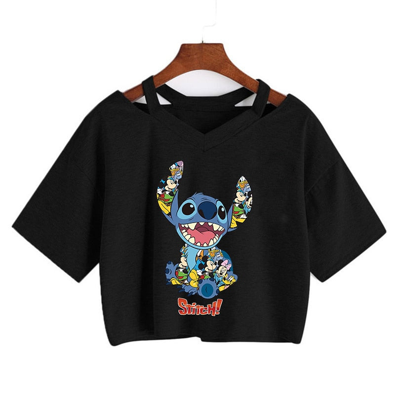 Camiseta de Disney Kawaii Lilo Stitch con divertidos dibujos animados para mujer, camiseta de Manga de punto, camiseta gráfica Y2k, Top corto de calle, camisetas para mujer 