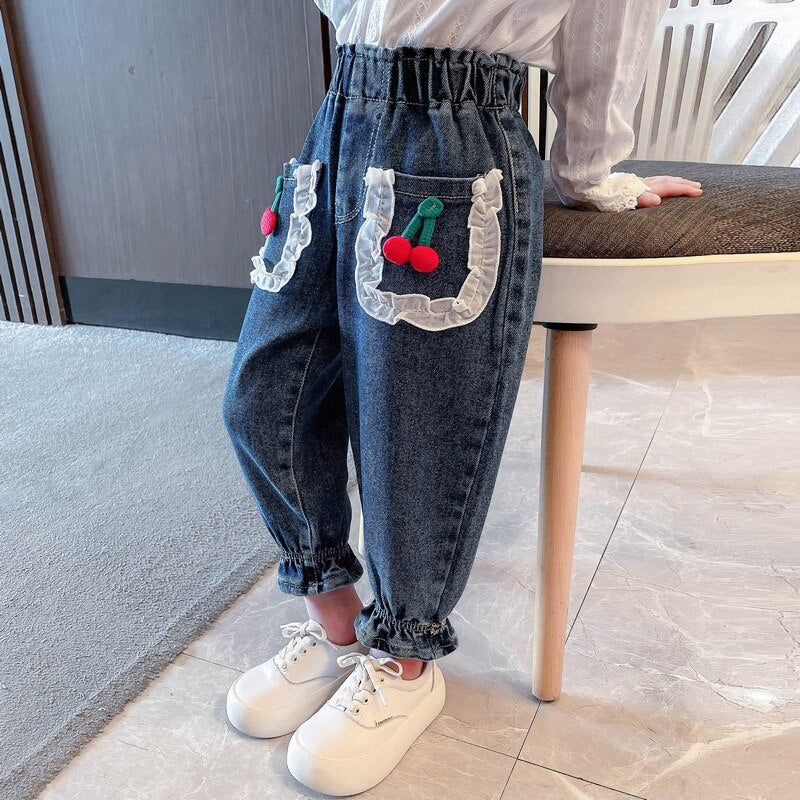 Girls Jeans Cherry Pattern Jeans For Girl Spring Autumn Kids Jeans Casual Style Clothes For Girls