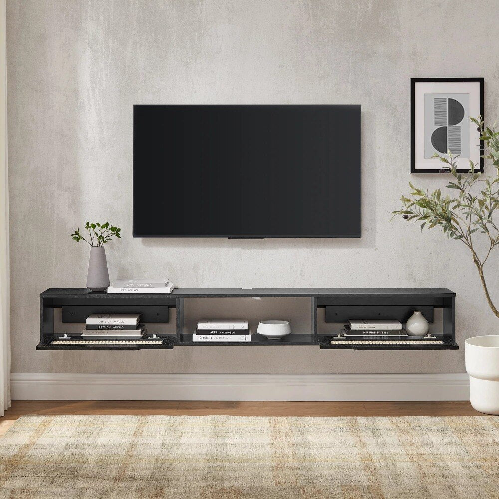 Manor Park Modern Rattan-Door Floating TV Stand for TVs Up To 80” Black Living Room Furniture  Modern Tv Stand  Tv Cabinet