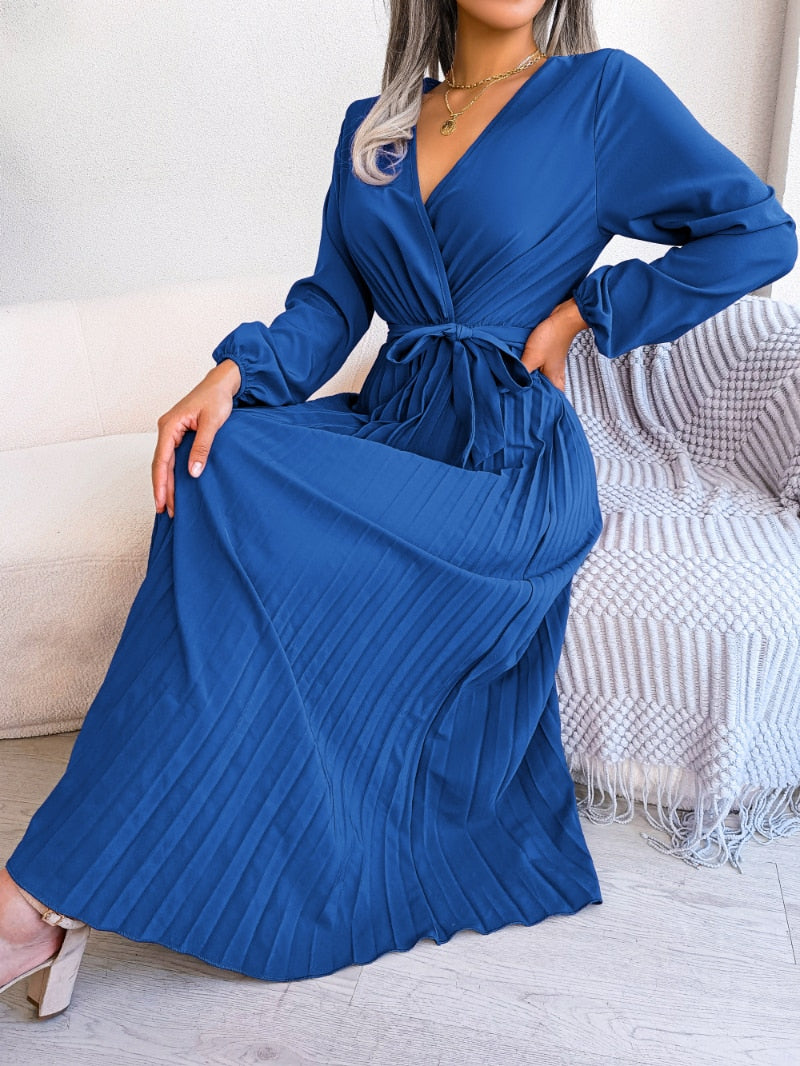 V-neck Ruffle Sleeves Ankle-Length Dresses