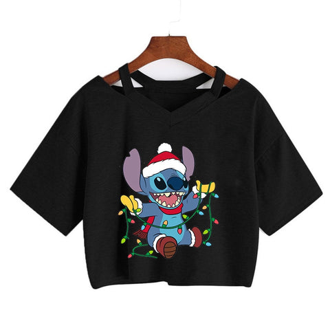 Camiseta de Disney Kawaii Lilo Stitch con divertidos dibujos animados para mujer, camiseta de Manga de punto, camiseta gráfica Y2k, Top corto de calle, camisetas para mujer 