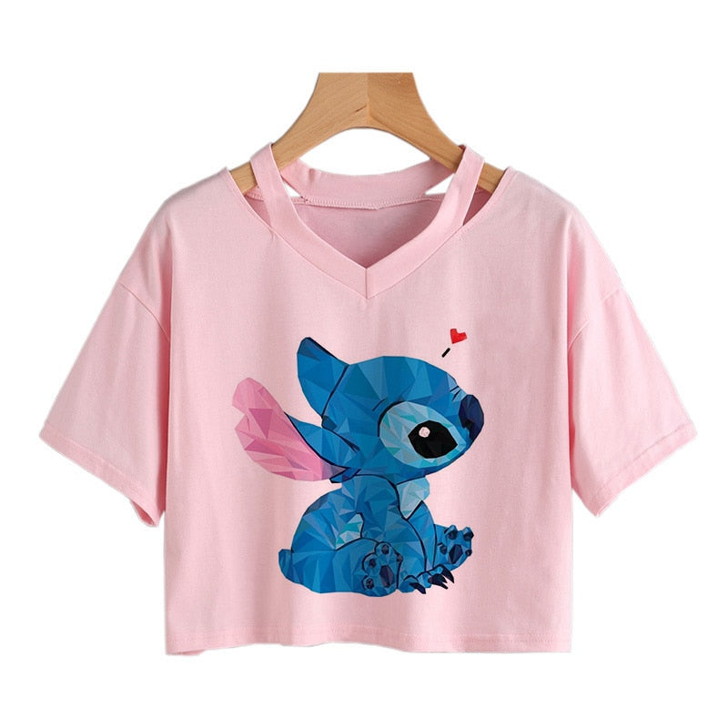 Camiseta de Disney Kawaii Lilo Stitch con divertidos dibujos animados para mujer, camiseta de Manga de punto, camiseta gráfica Y2k, Top corto de calle, camisetas para mujer 