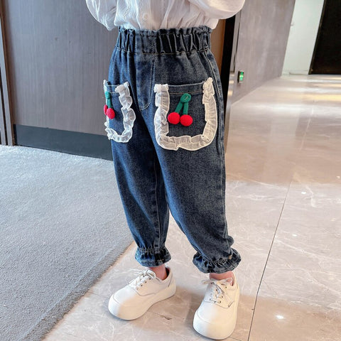 Girls Jeans Cherry Pattern Jeans For Girl Spring Autumn Kids Jeans Casual Style Clothes For Girls