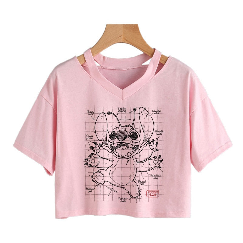 Camiseta de Disney Kawaii Lilo Stitch con divertidos dibujos animados para mujer, camiseta de Manga de punto, camiseta gráfica Y2k, Top corto de calle, camisetas para mujer 