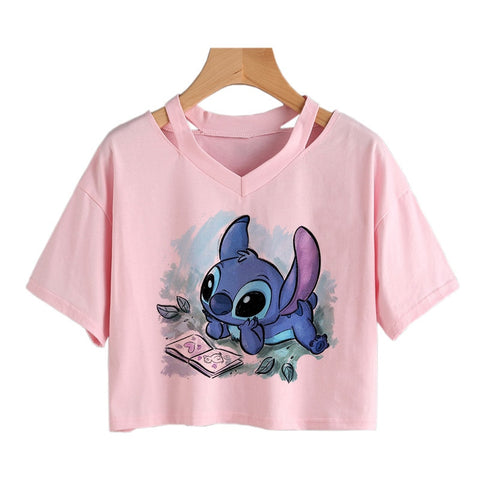 Camiseta de Disney Kawaii Lilo Stitch con divertidos dibujos animados para mujer, camiseta de Manga de punto, camiseta gráfica Y2k, Top corto de calle, camisetas para mujer 