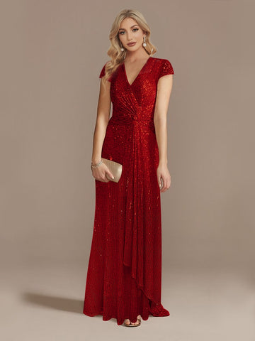 V-Neck Sequin Evening Dress