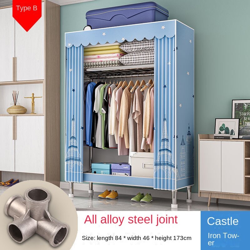 Home Rental Room Bedroom Assembly Hanging Clothes Storage Finishing Steel Frame Bold Simple Oxford Cloth Wardrobe