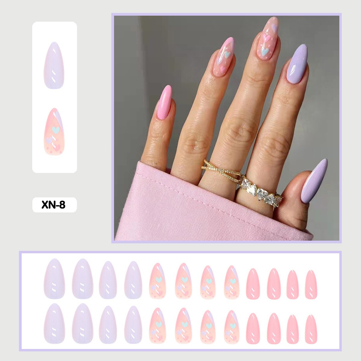 24pcs Fresh Lovely Pink Purple Blue Summer Flower Water Drop Shaped Fake Nails With Glue Wearable False Nails With Wearing Tools