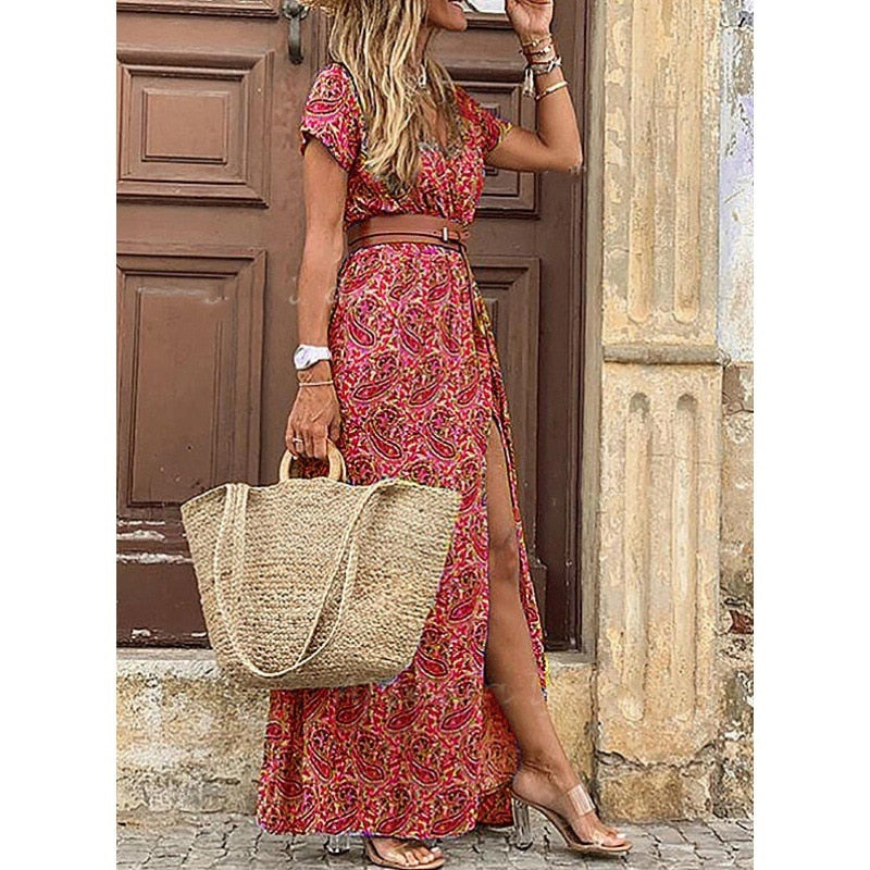 V Neck Short Sleeve Belt Large Hem Beach Long Dress