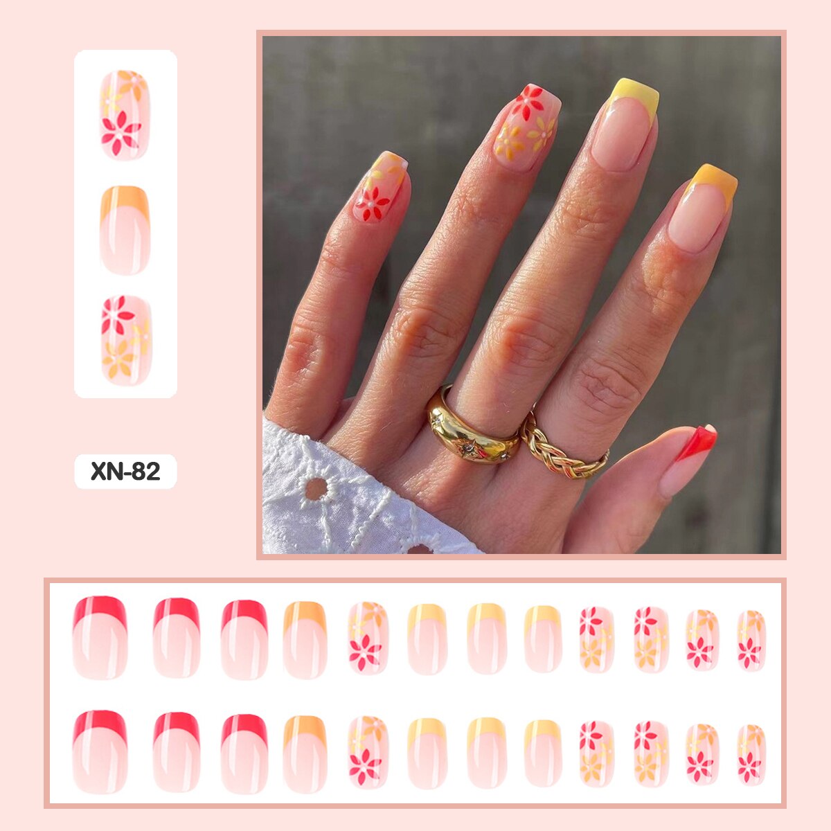 24pcs Fresh Lovely Pink Purple Blue Summer Flower Water Drop Shaped Fake Nails With Glue Wearable False Nails With Wearing Tools