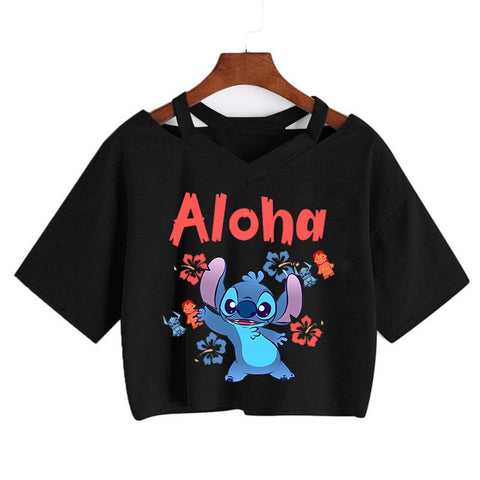 Camiseta de Disney Kawaii Lilo Stitch con divertidos dibujos animados para mujer, camiseta de Manga de punto, camiseta gráfica Y2k, Top corto de calle, camisetas para mujer 