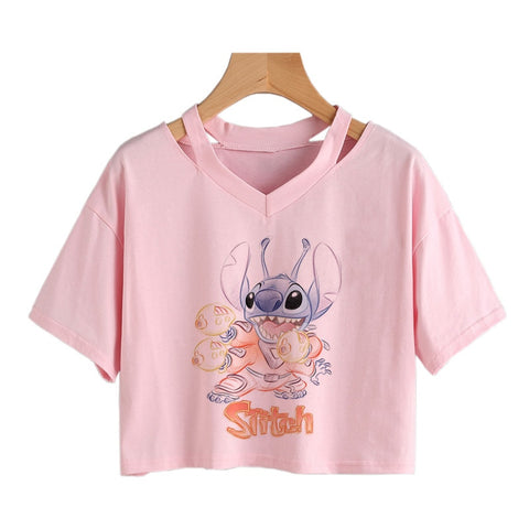 Camiseta de Disney Kawaii Lilo Stitch con divertidos dibujos animados para mujer, camiseta de Manga de punto, camiseta gráfica Y2k, Top corto de calle, camisetas para mujer 