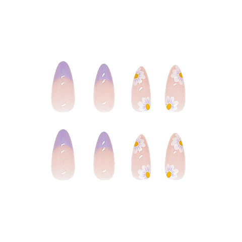 24pcs Fresh Lovely Pink Purple Blue Summer Flower Water Drop Shaped Fake Nails With Glue Wearable False Nails With Wearing Tools