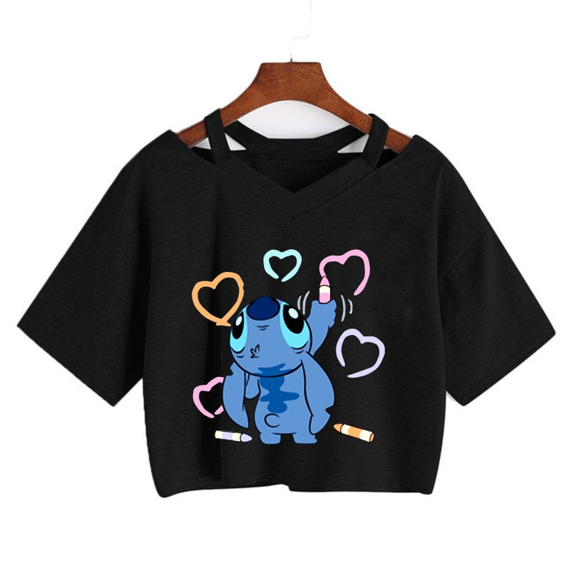 Camiseta de Disney Kawaii Lilo Stitch con divertidos dibujos animados para mujer, camiseta de Manga de punto, camiseta gráfica Y2k, Top corto de calle, camisetas para mujer 