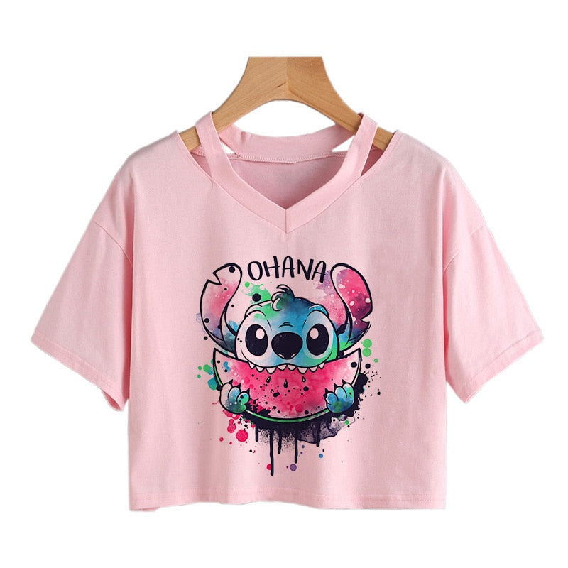 Camiseta de Disney Kawaii Lilo Stitch con divertidos dibujos animados para mujer, camiseta de Manga de punto, camiseta gráfica Y2k, Top corto de calle, camisetas para mujer 