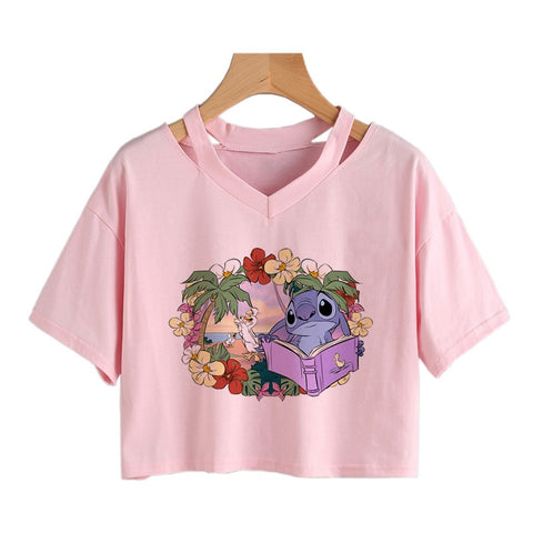 Camiseta de Disney Kawaii Lilo Stitch con divertidos dibujos animados para mujer, camiseta de Manga de punto, camiseta gráfica Y2k, Top corto de calle, camisetas para mujer 