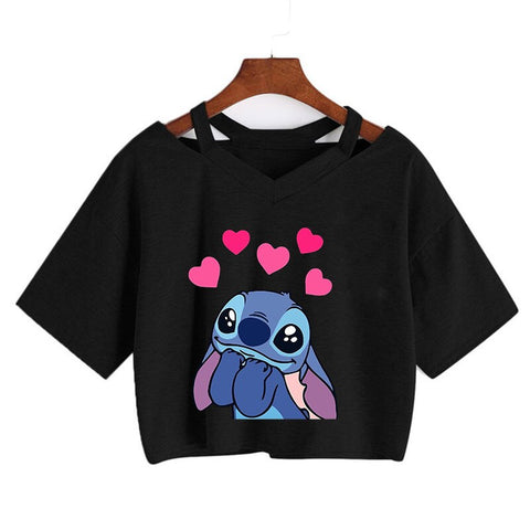 Camiseta de Disney Kawaii Lilo Stitch con divertidos dibujos animados para mujer, camiseta de Manga de punto, camiseta gráfica Y2k, Top corto de calle, camisetas para mujer 