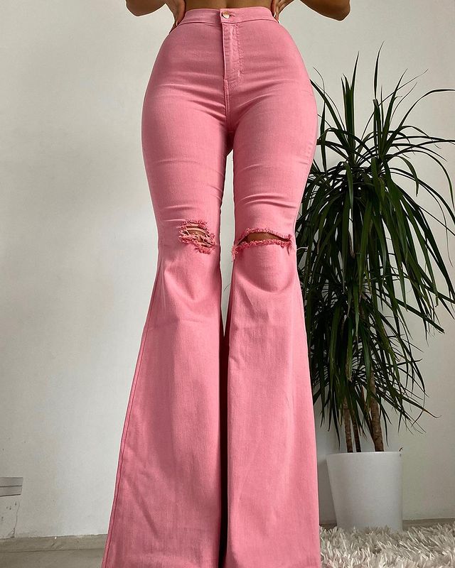 High Waist Solid Color Knees Hole Tight Denim Pants