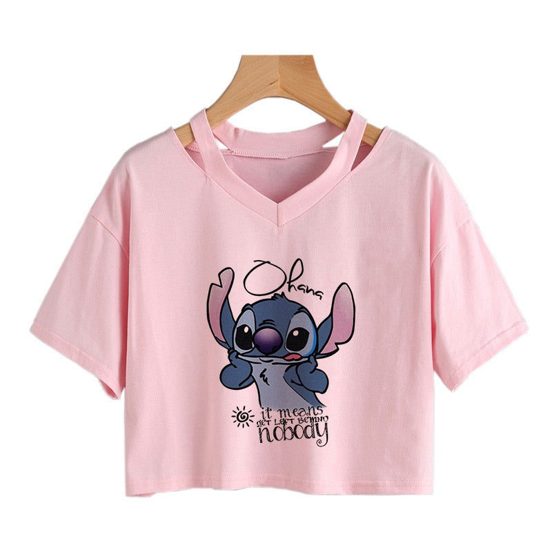 Camiseta de Disney Kawaii Lilo Stitch con divertidos dibujos animados para mujer, camiseta de Manga de punto, camiseta gráfica Y2k, Top corto de calle, camisetas para mujer 