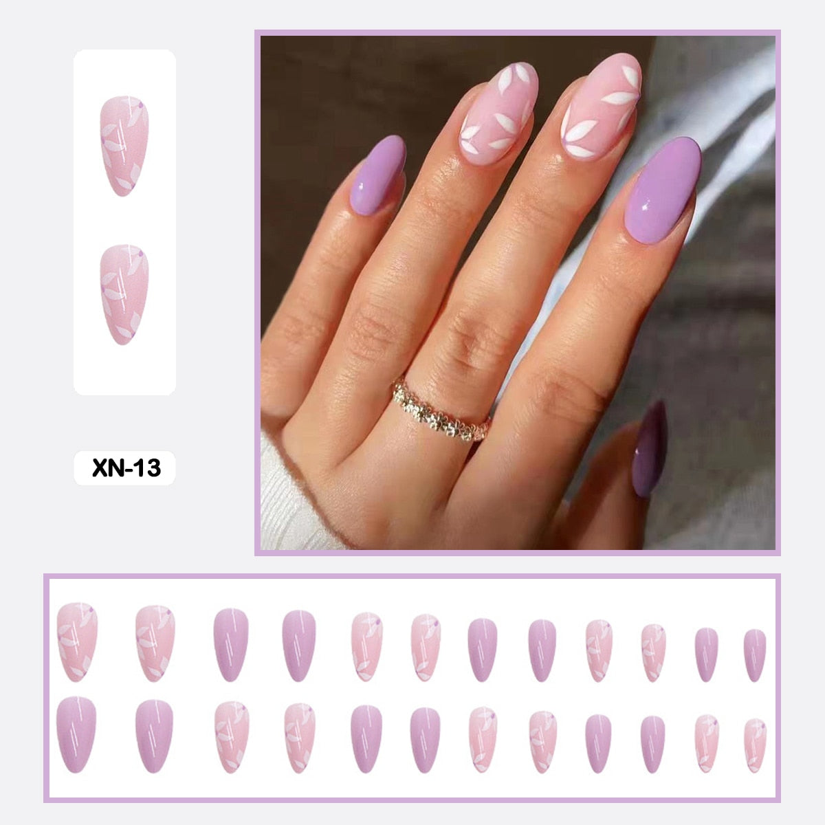 24pcs Fresh Lovely Pink Purple Blue Summer Flower Water Drop Shaped Fake Nails With Glue Wearable False Nails With Wearing Tools