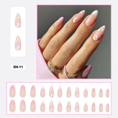 24pcs Fresh Lovely Pink Purple Blue Summer Flower Water Drop Shaped Fake Nails With Glue Wearable False Nails With Wearing Tools