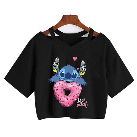 Camiseta de Disney Kawaii Lilo Stitch con divertidos dibujos animados para mujer, camiseta de Manga de punto, camiseta gráfica Y2k, Top corto de calle, camisetas para mujer 