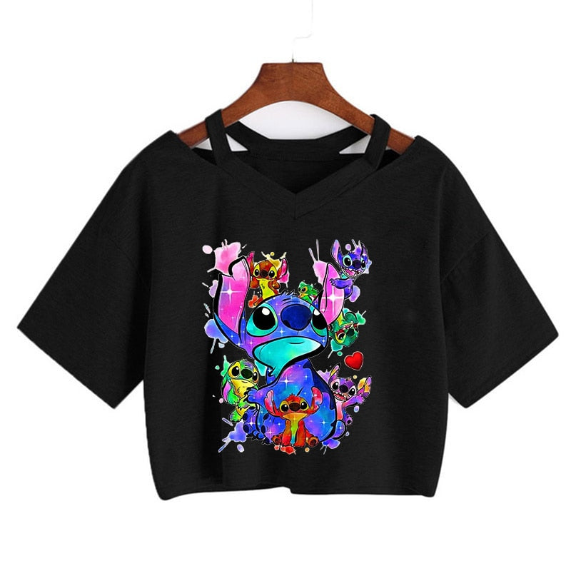 Camiseta de Disney Kawaii Lilo Stitch con divertidos dibujos animados para mujer, camiseta de Manga de punto, camiseta gráfica Y2k, Top corto de calle, camisetas para mujer 