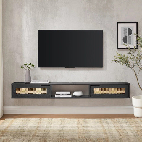 Manor Park Modern Rattan-Door Floating TV Stand for TVs Up To 80” Black Living Room Furniture  Modern Tv Stand  Tv Cabinet