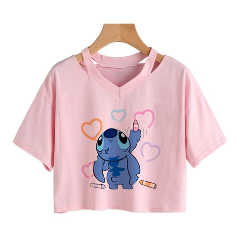 Camiseta de Disney Kawaii Lilo Stitch con divertidos dibujos animados para mujer, camiseta de Manga de punto, camiseta gráfica Y2k, Top corto de calle, camisetas para mujer 