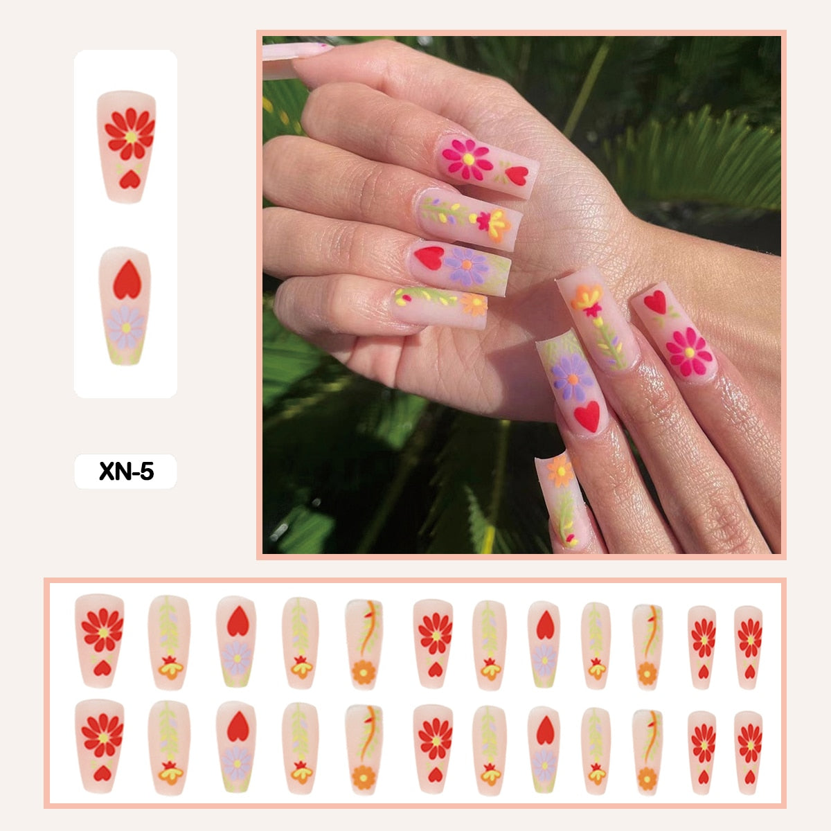 24 Uds. Uñas postizas en forma de gota de agua con flores de verano, rosas, moradas, azules y frescas, con pegamento, uñas postizas usables con herramientas de uso 