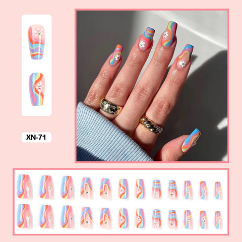 24pcs Fresh Lovely Pink Purple Blue Summer Flower Water Drop Shaped Fake Nails With Glue Wearable False Nails With Wearing Tools