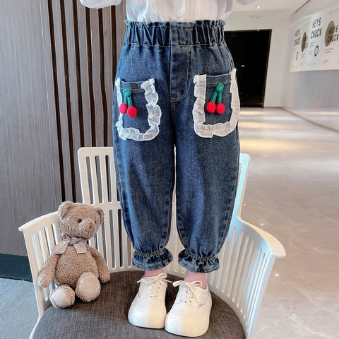 Girls Jeans Cherry Pattern Jeans For Girl Spring Autumn Kids Jeans Casual Style Clothes For Girls