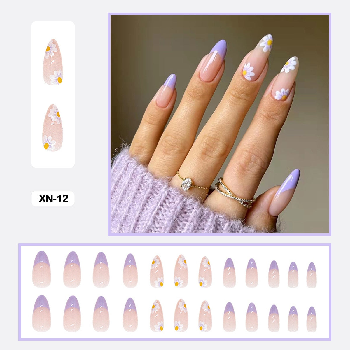 24pcs Fresh Lovely Pink Purple Blue Summer Flower Water Drop Shaped Fake Nails With Glue Wearable False Nails With Wearing Tools