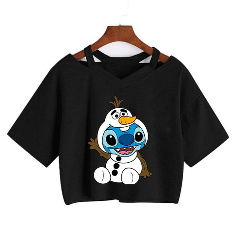 Camiseta de Disney Kawaii Lilo Stitch con divertidos dibujos animados para mujer, camiseta de Manga de punto, camiseta gráfica Y2k, Top corto de calle, camisetas para mujer 