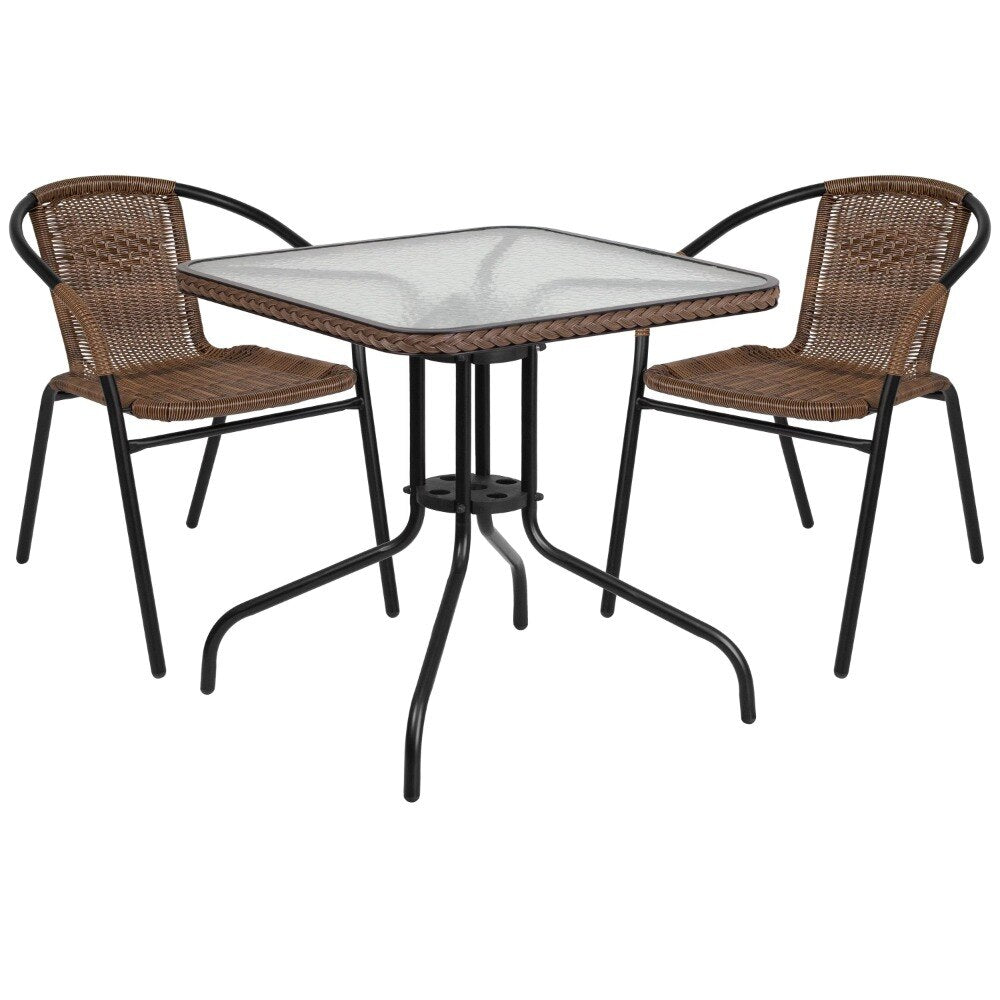 Flash Furniture 28'' Square Glass Metal Table with Dark Brown Rattan Edging and 2 Dark Brown Rattan Stack Chair Garden Furniture